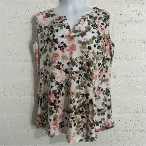 Stem & Vine Womens Plus Top 1X White Pink Green Floral Sleeveless Stretch H13